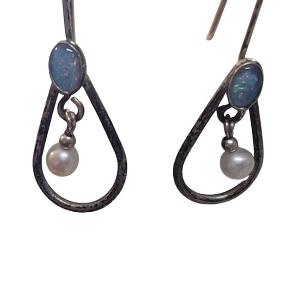 Vintage Sterling Silver Teardrop Earrings With Blue Opal & Pearl Accents - Picture 3 of 8